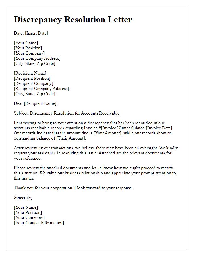 Letter template of Discrepancy Resolution for Accounts Receivable