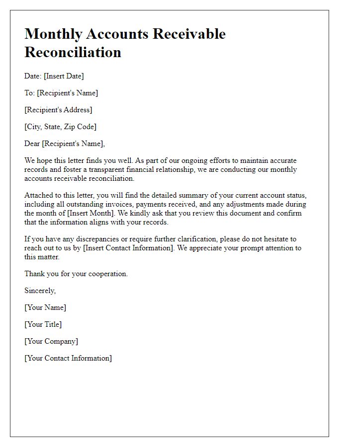 Letter template of Monthly Accounts Receivable Reconciliation