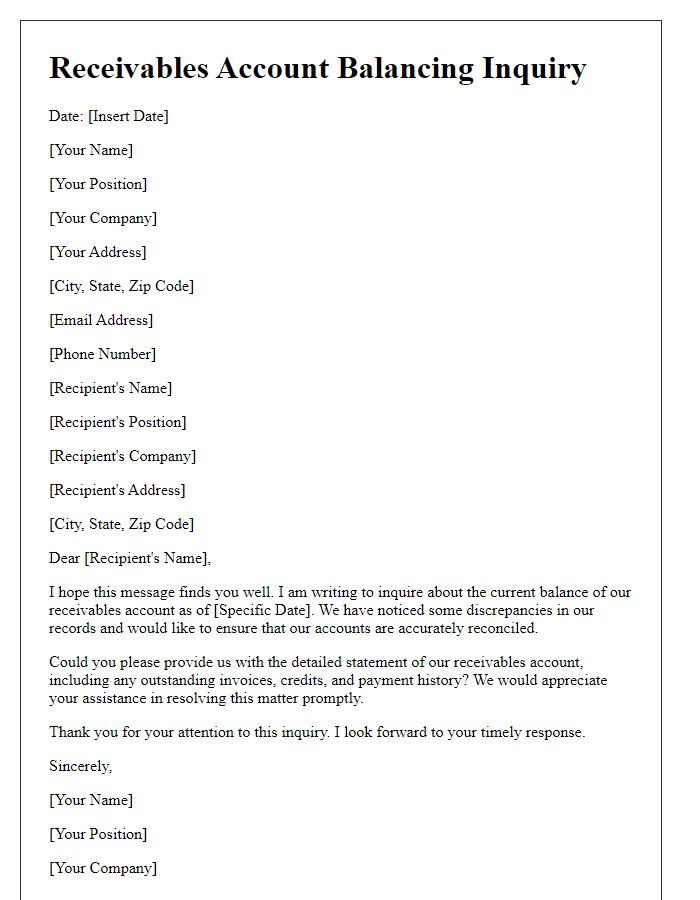 Letter template of Receivables Account Balancing Inquiry