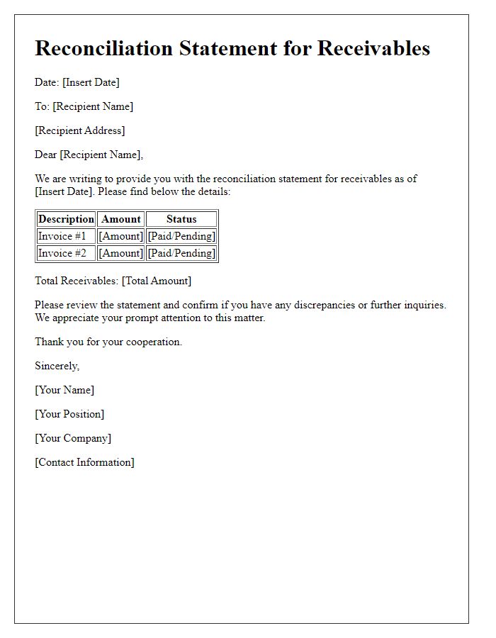 Letter template of Reconciliation Statement for Receivables