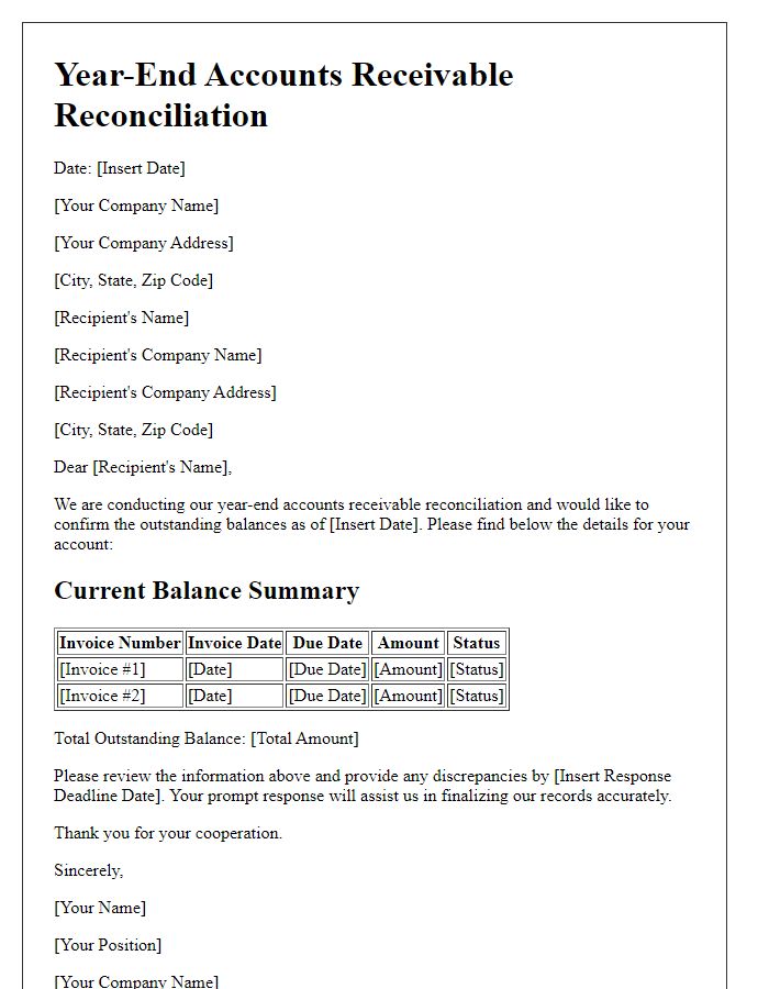 Letter template of Year-End Accounts Receivable Reconciliation