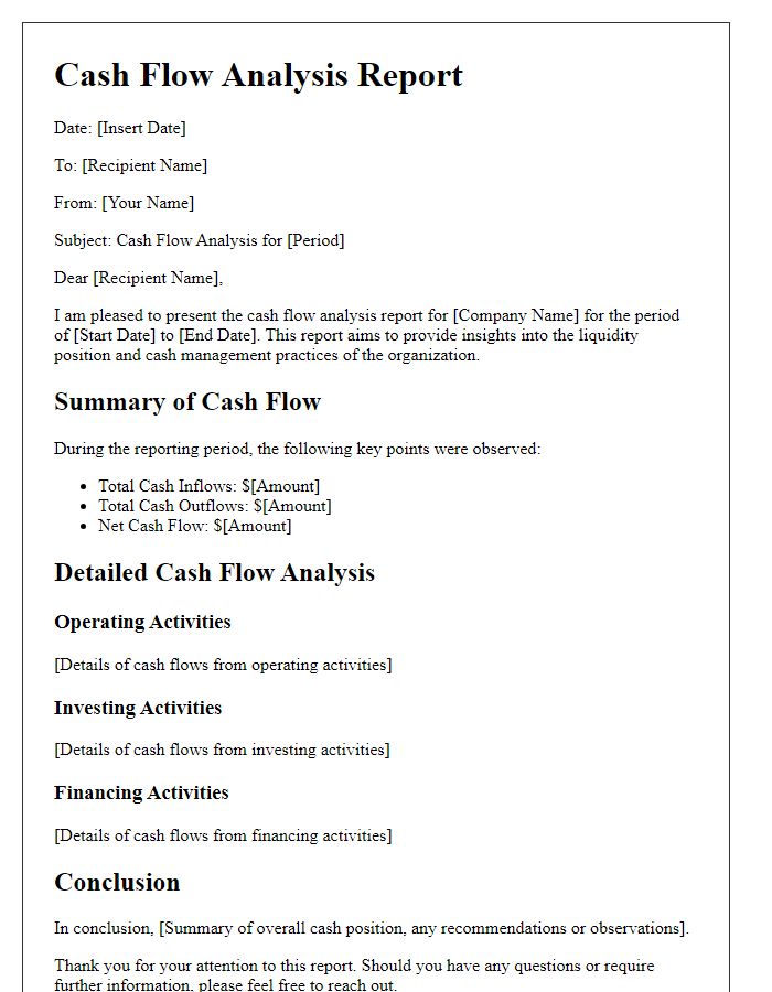 Letter template of cash flow analysis report