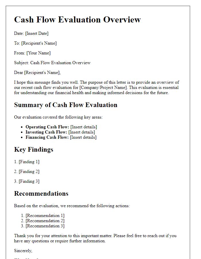 Letter template of cash flow evaluation overview