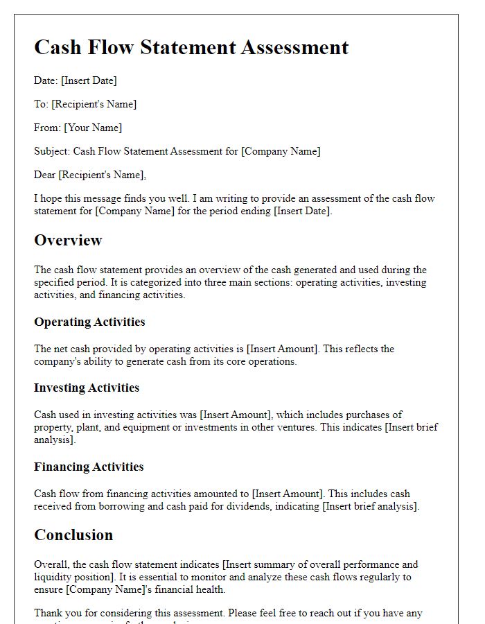 Letter template of cash flow statement assessment