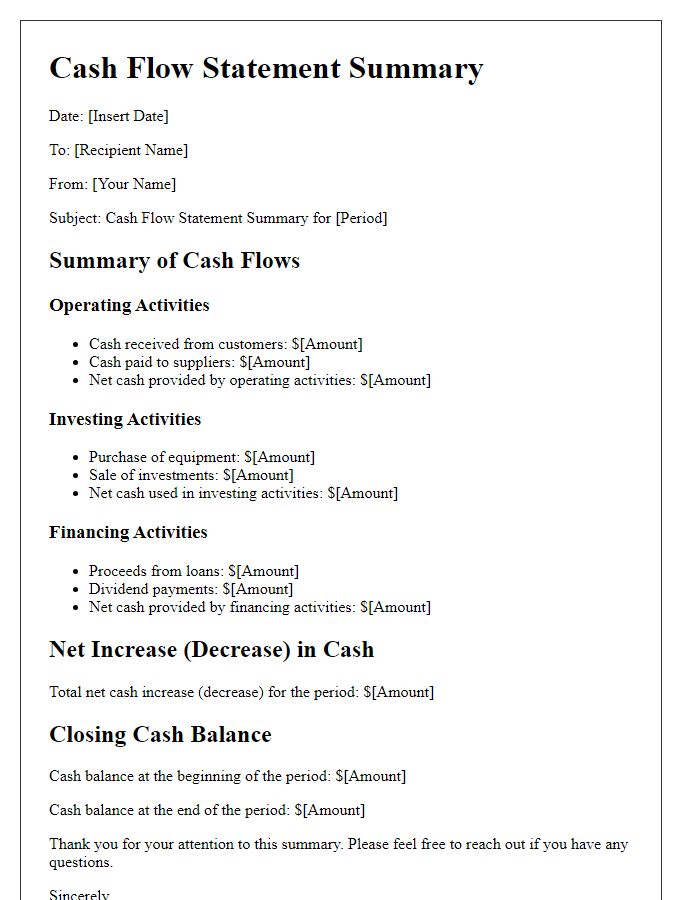 Letter template of cash flow statement summary