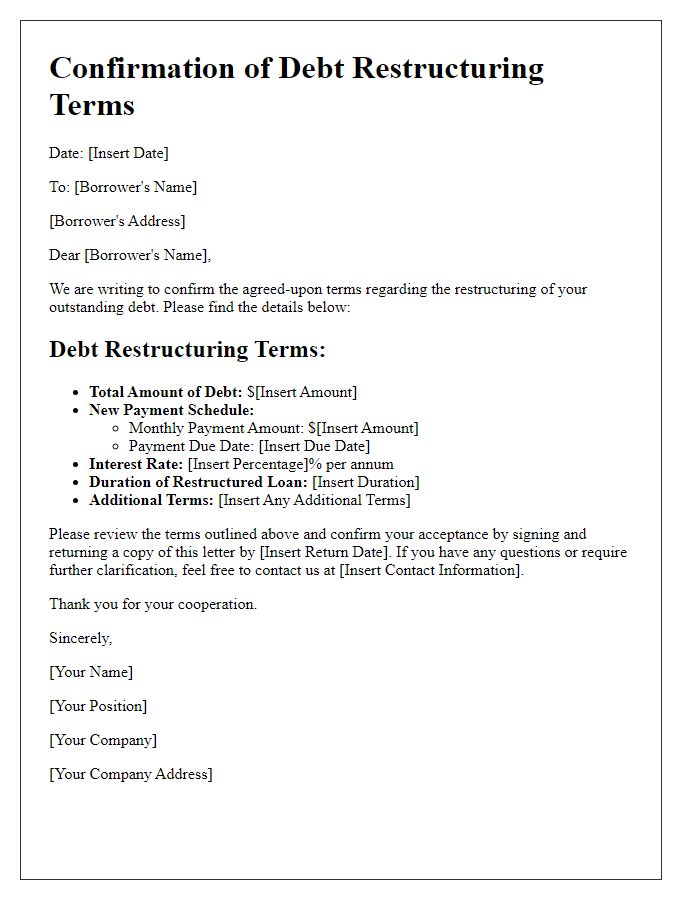 Letter template of confirmation for debt restructuring terms