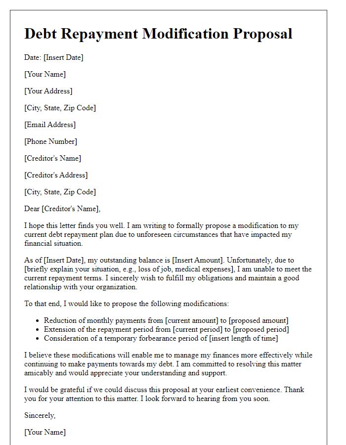 Letter template of proposal for debt repayment modification