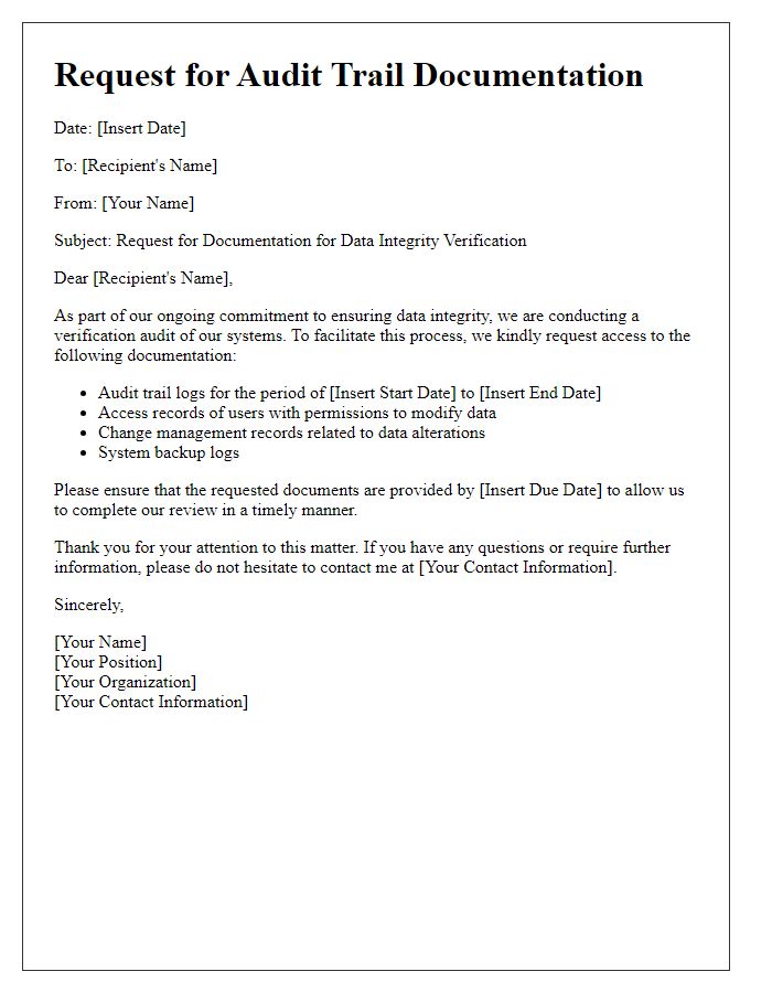 Letter template of audit trail documentation request for data integrity verification.