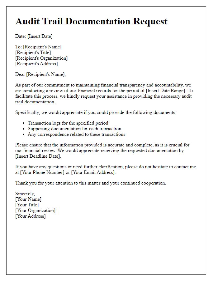 Letter template of audit trail documentation request for financial transparency.