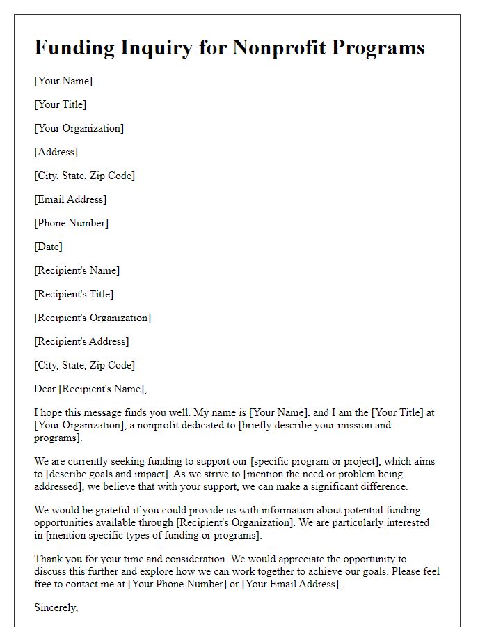 Letter template of funding inquiry for nonprofit programs