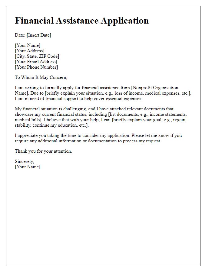 Letter template of nonprofit financial assistance application