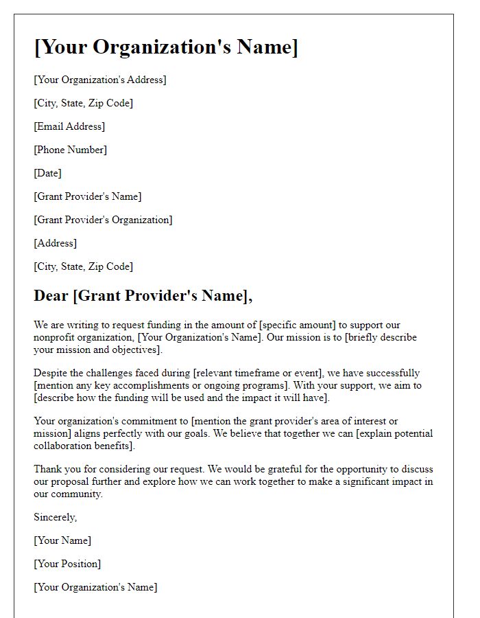 Letter template of nonprofit funding request for grant support