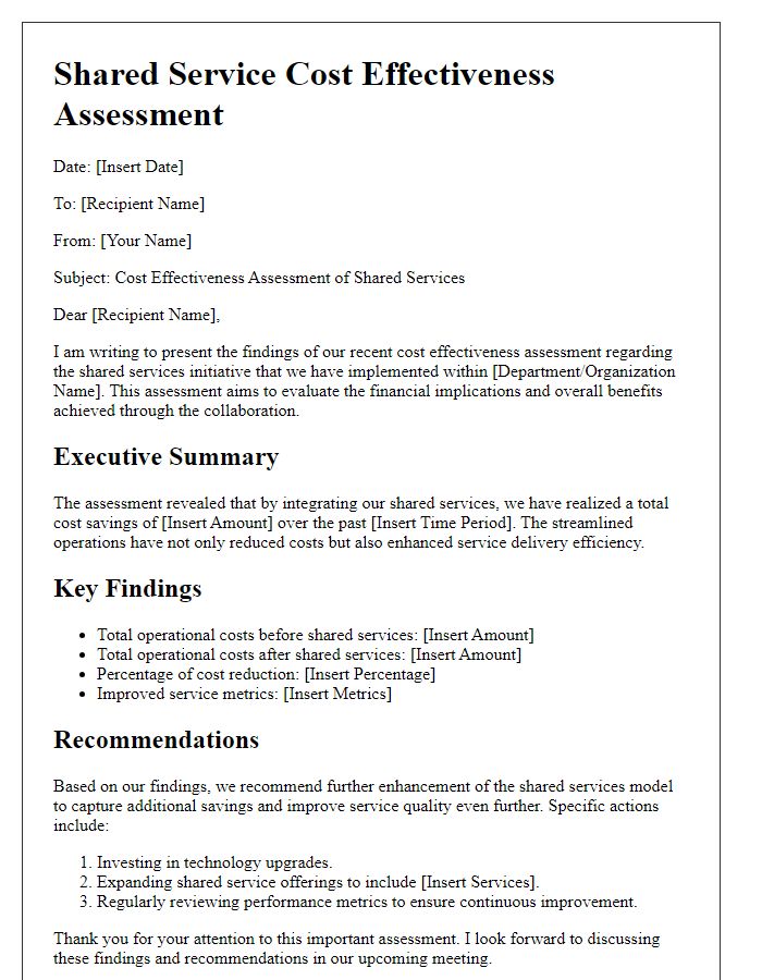 Letter template of shared service cost effectiveness assessment