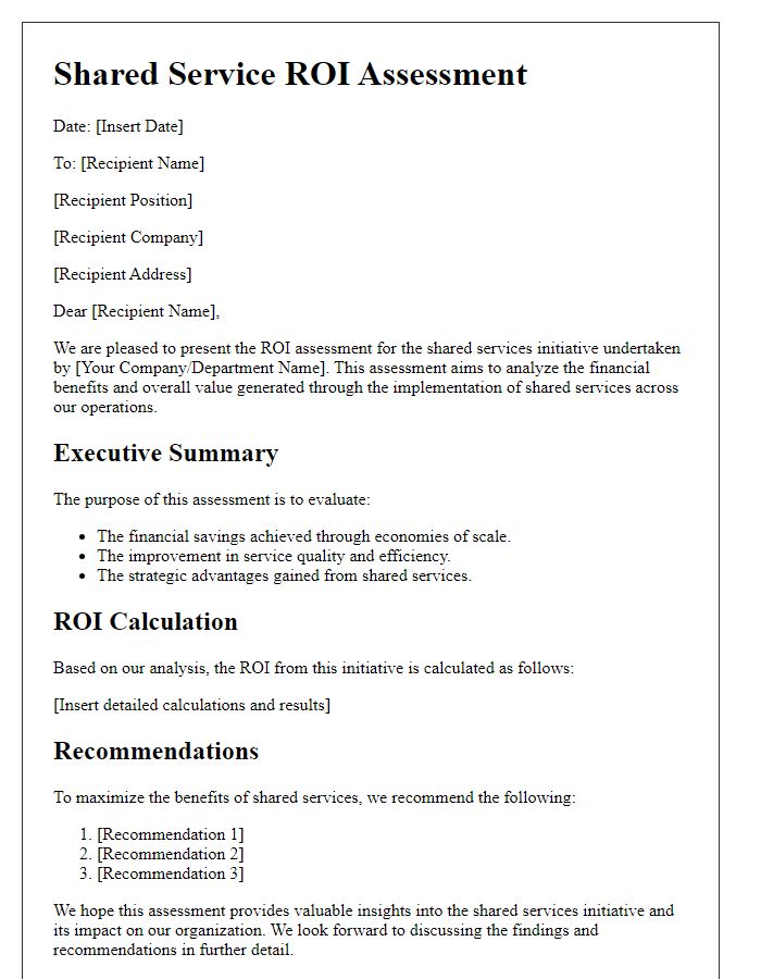 Letter template of shared service ROI assessment