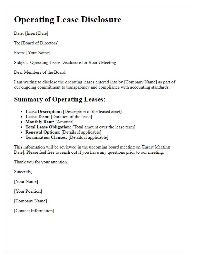 Letter template of operating lease disclosure for board meetings.