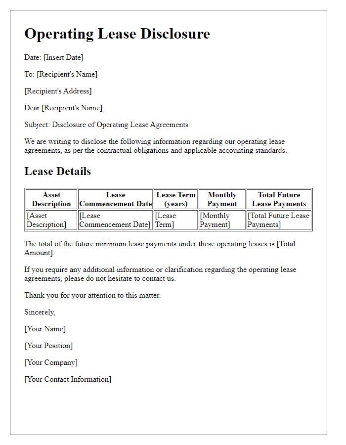 Letter template of operating lease disclosure for contractual agreements.