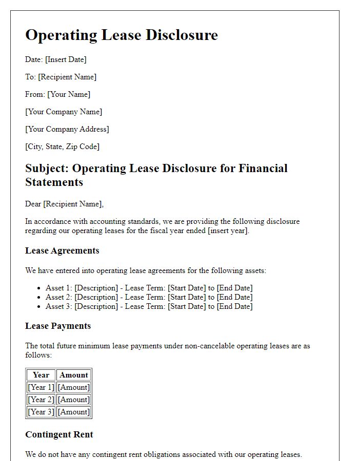 Letter template of operating lease disclosure for financial statements.