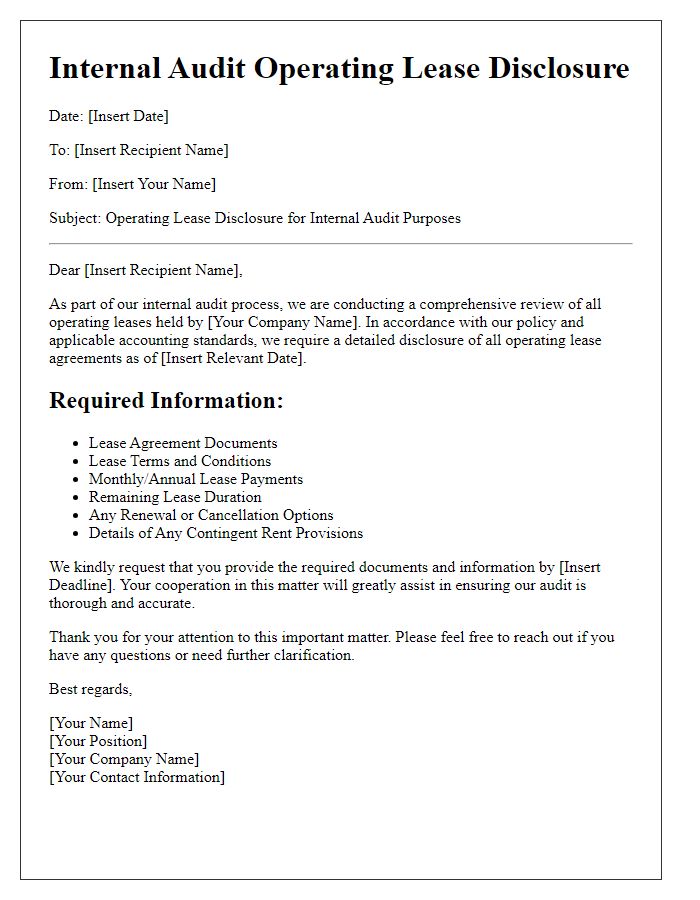 Letter template of operating lease disclosure for internal audit purposes.