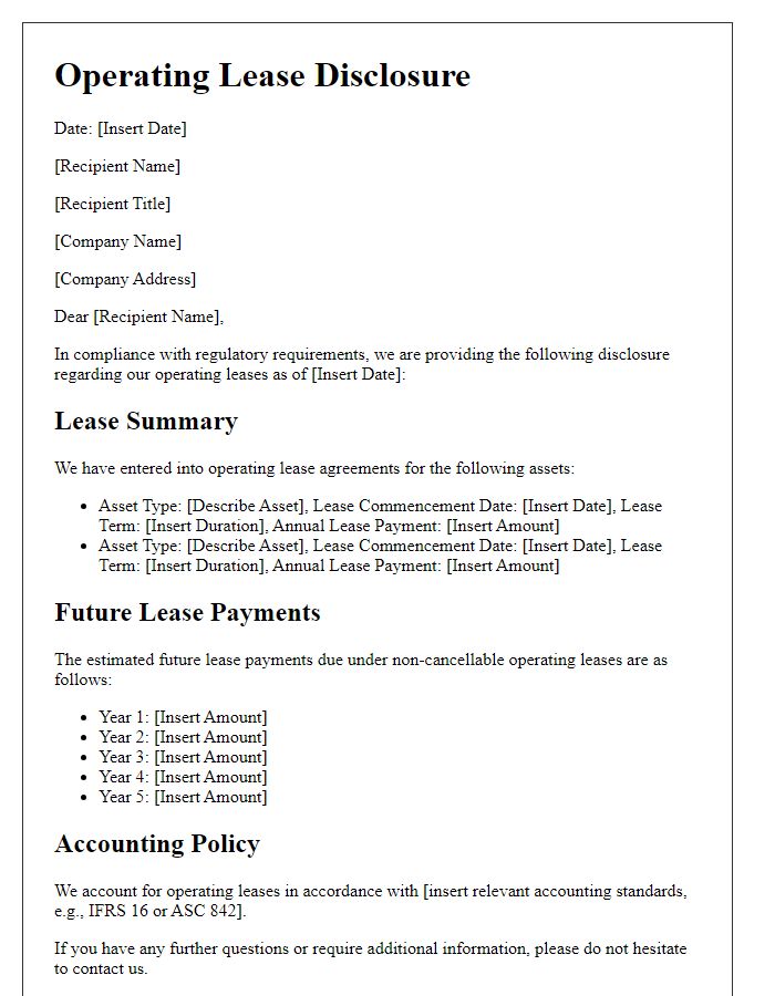 Letter template of operating lease disclosure for regulatory compliance.