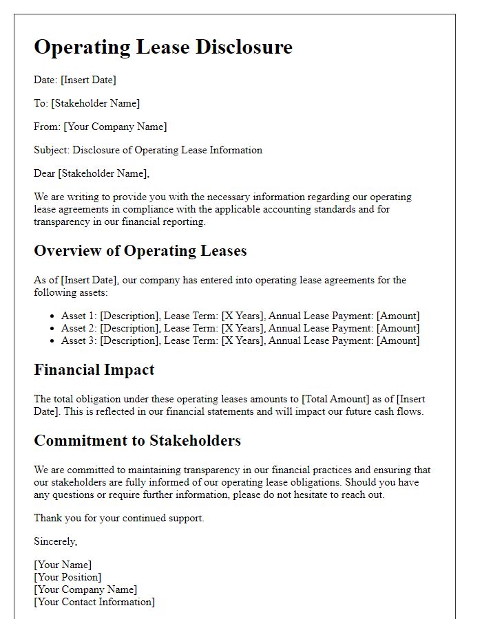 Letter template of operating lease disclosure for stakeholder communication.