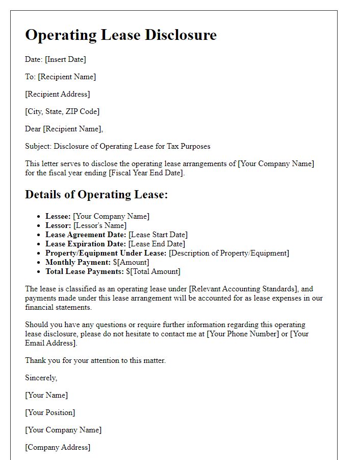 Letter template of operating lease disclosure for tax purposes.