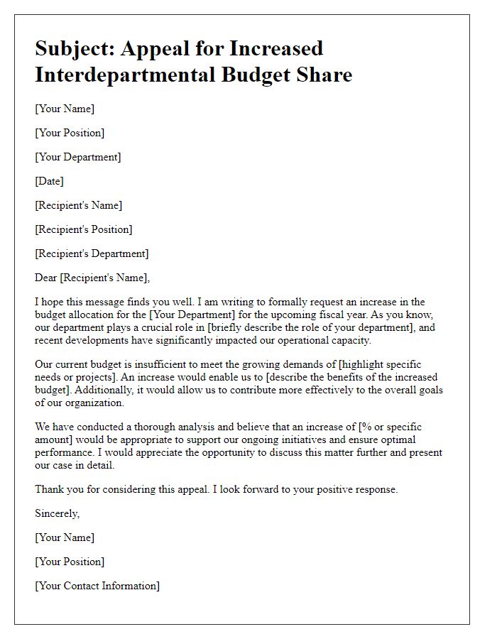 Letter template of appeal for increased interdepartmental budget share