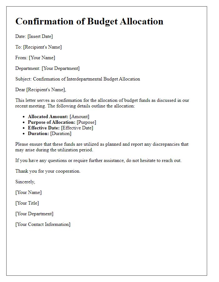 Letter template of confirmation for interdepartmental budget allocation