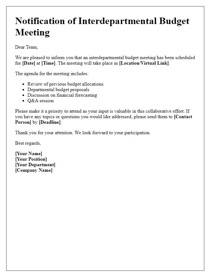 Letter template of notification for upcoming interdepartmental budget meeting