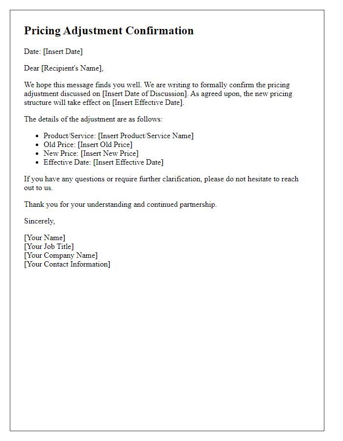 Letter template of pricing adjustment confirmation