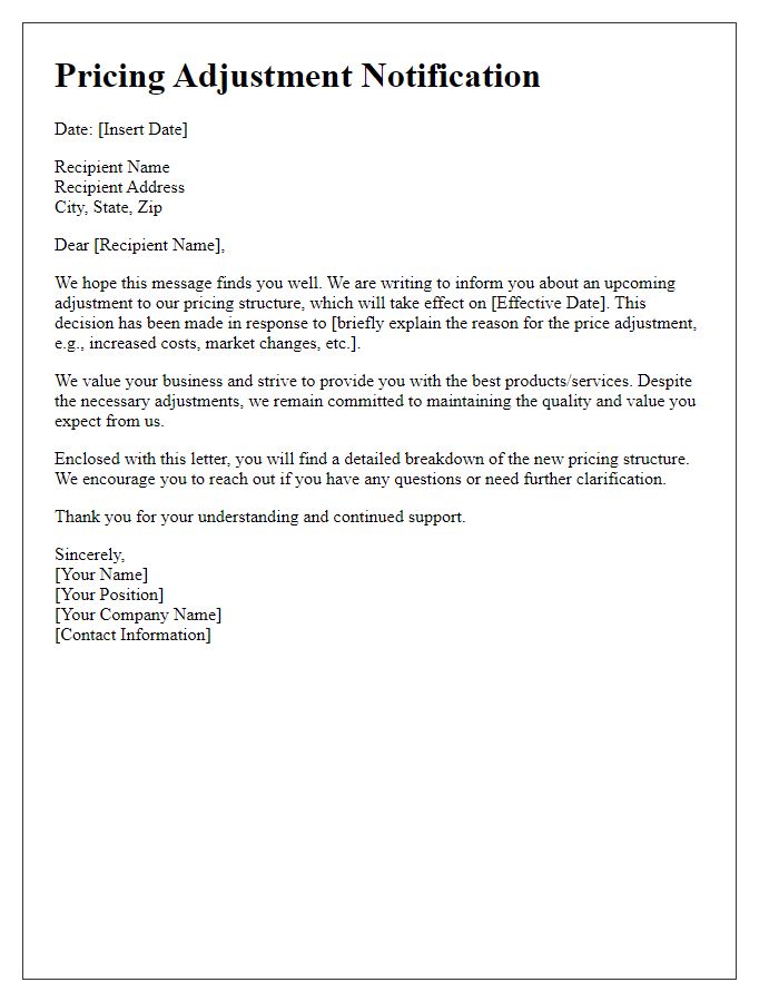 Letter template of pricing adjustment explanation