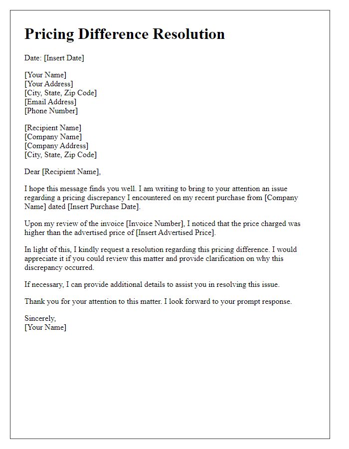 Letter template of pricing difference resolution