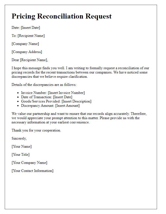 Letter template of pricing reconciliation request