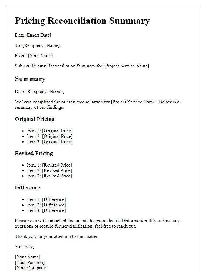 Letter template of pricing reconciliation summary