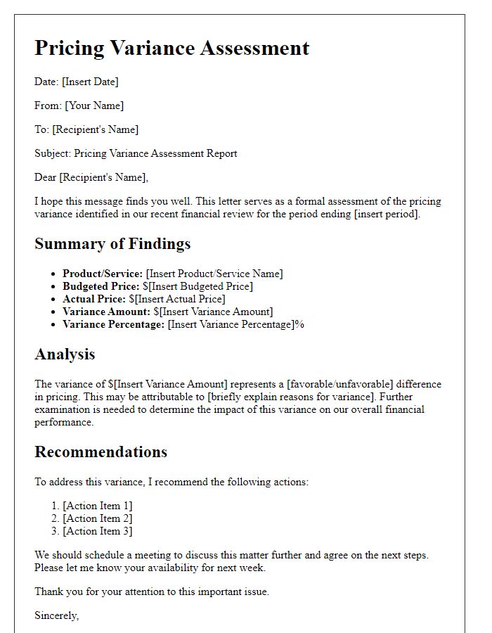 Letter template of pricing variance assessment