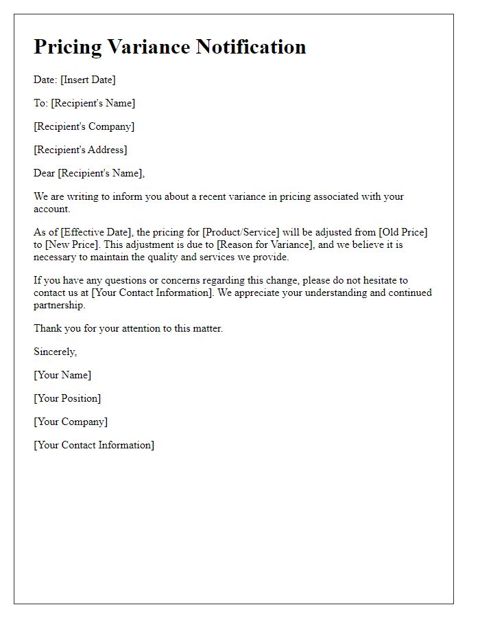 Letter template of pricing variance notification