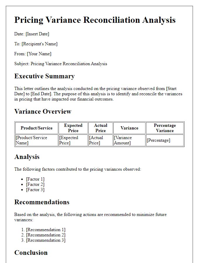 Letter template of pricing variance reconciliation analysis