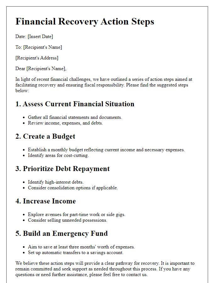 Letter template of Financial Recovery Action Steps