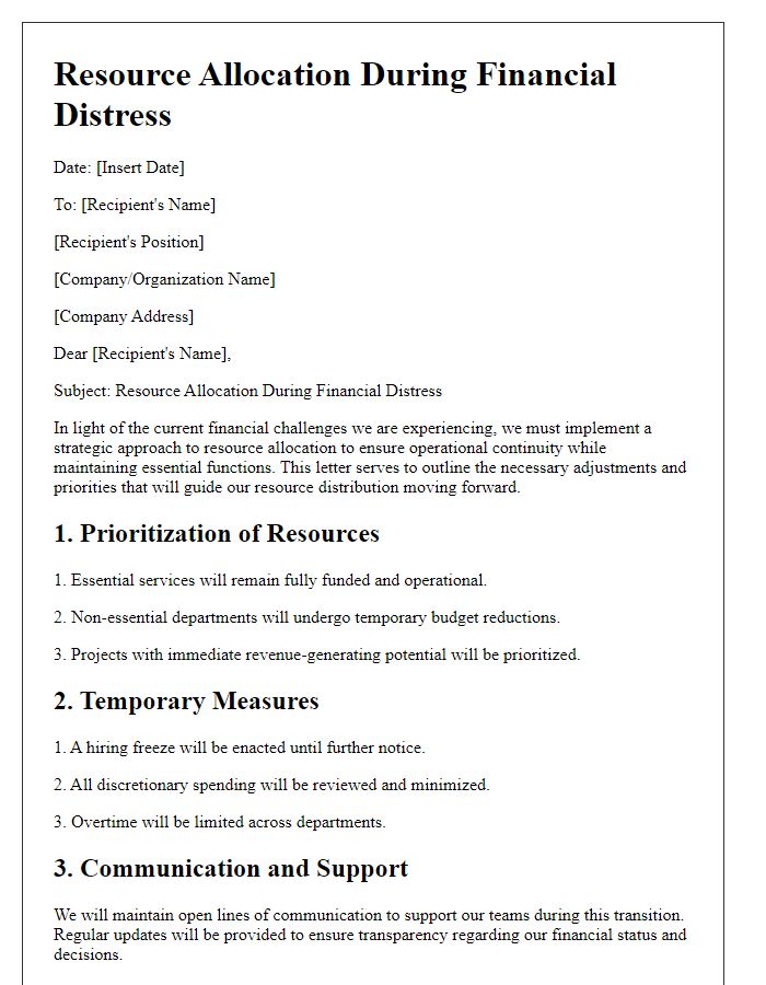 Letter template of Resource Allocation during Financial Distress