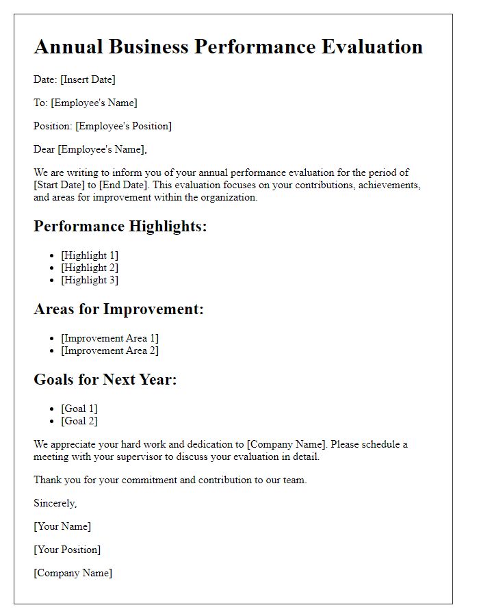 Letter template of annual business performance evaluation