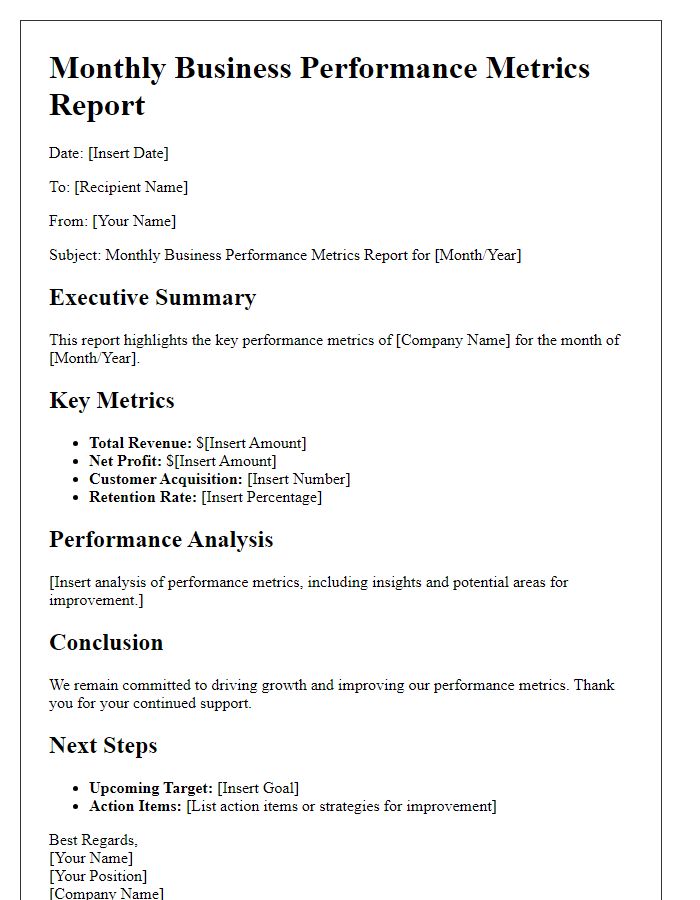 Letter template of monthly business performance metrics report