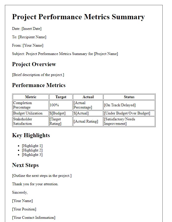 Letter template of project performance metrics summary