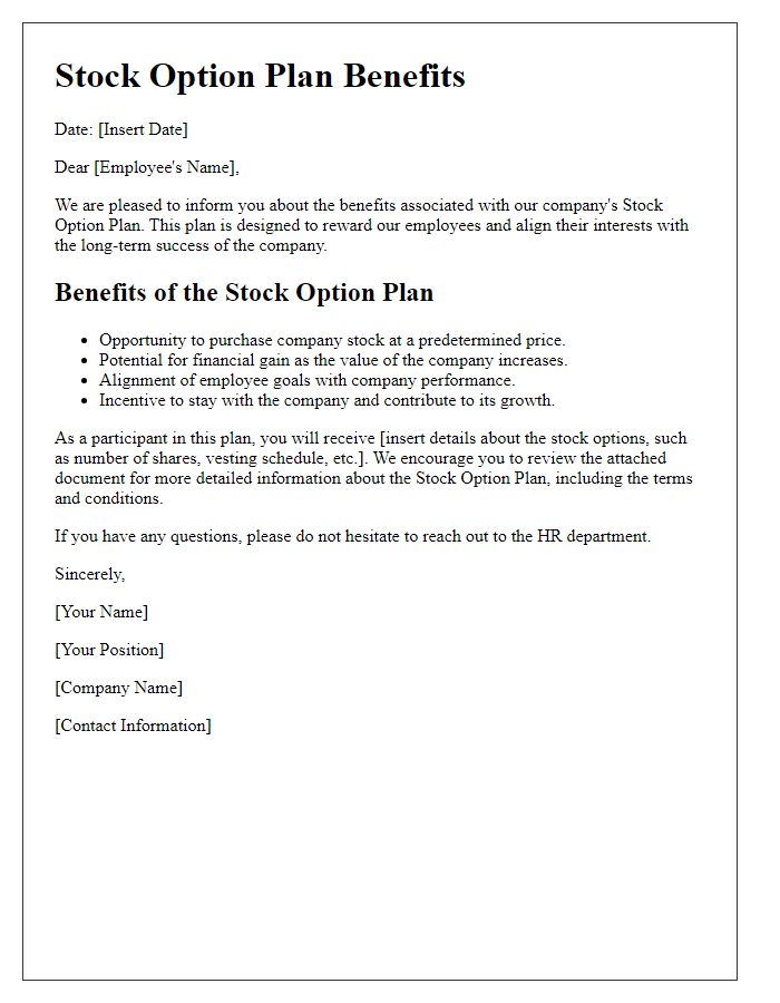 Letter template of stock option plan benefits