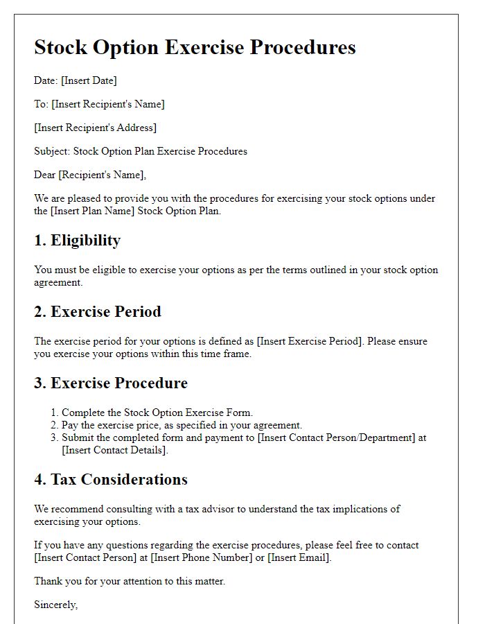 Letter template of stock option plan exercise procedures