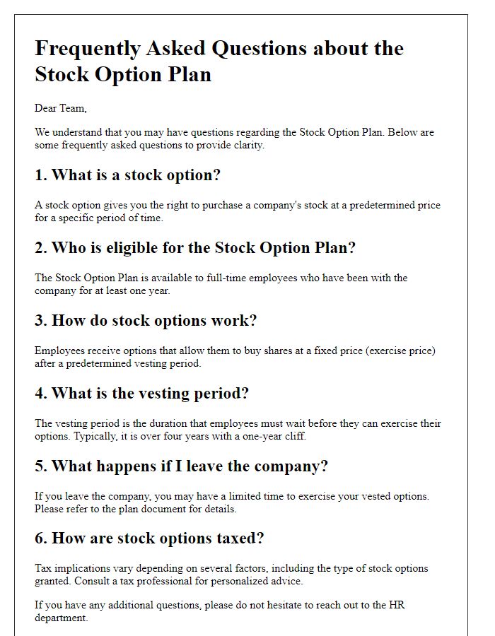 Letter template of stock option plan FAQs