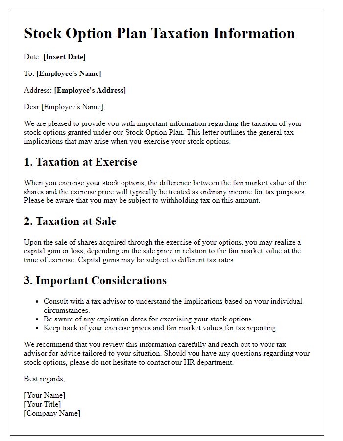 Letter template of stock option plan taxation information