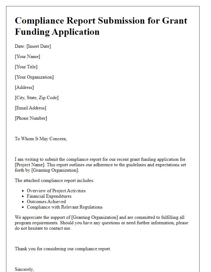 Letter template of compliance report submission for grant funding applications