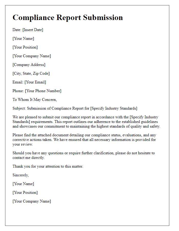 Letter template of compliance report submission for industry standards