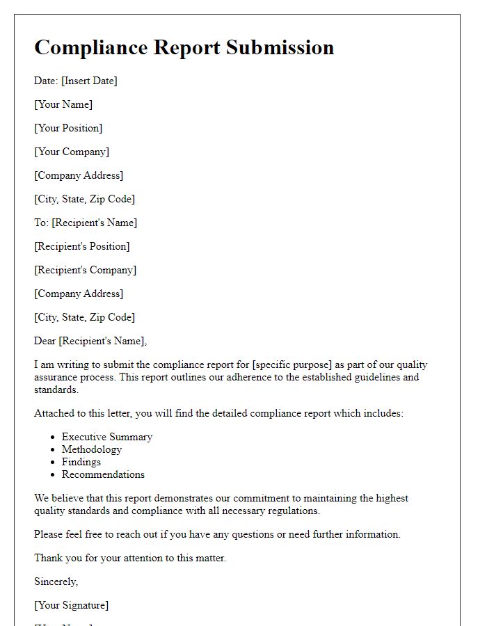 Letter template of compliance report submission for quality assurance purposes