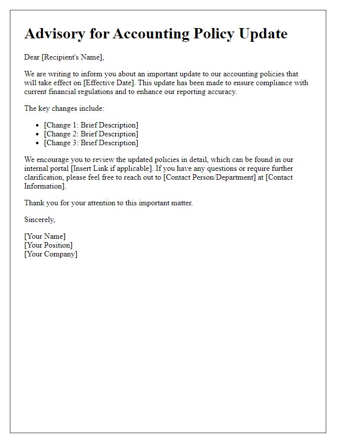 Letter template of advisory for accounting policy update