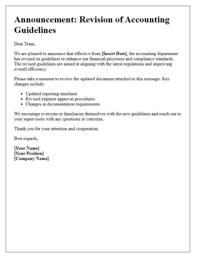 Letter template of announcement regarding accounting guidelines revision